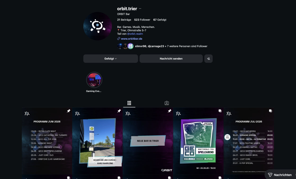 Übersichtseite Instagram orbit.trier