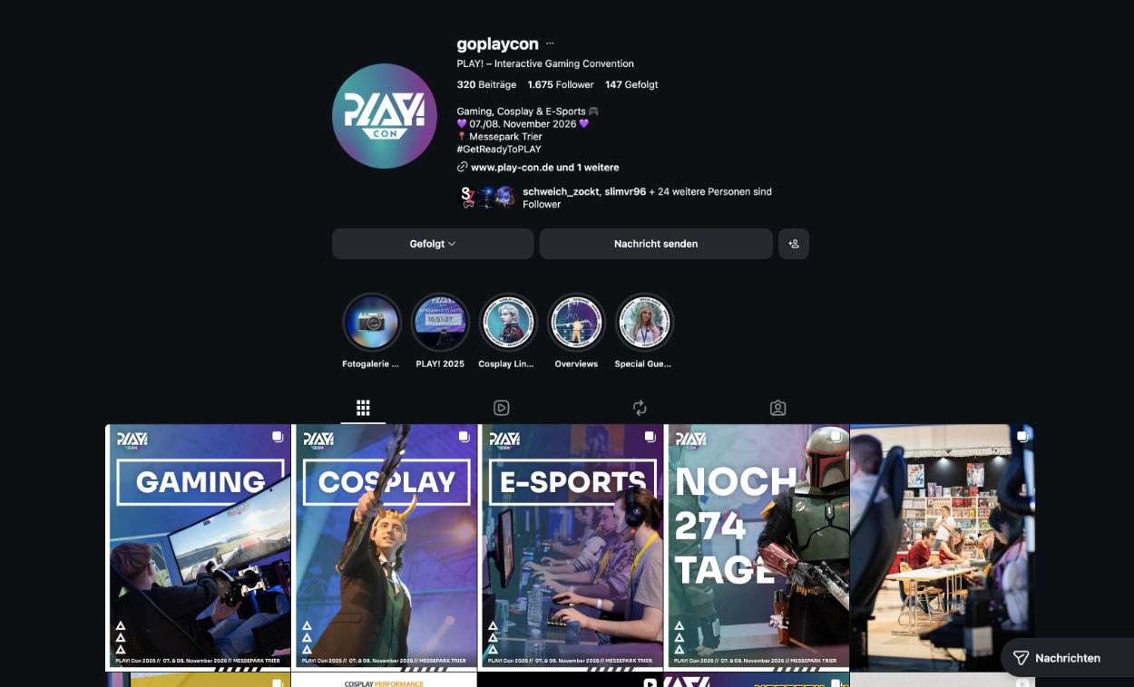 Übersichtseite Instagram goplaycon